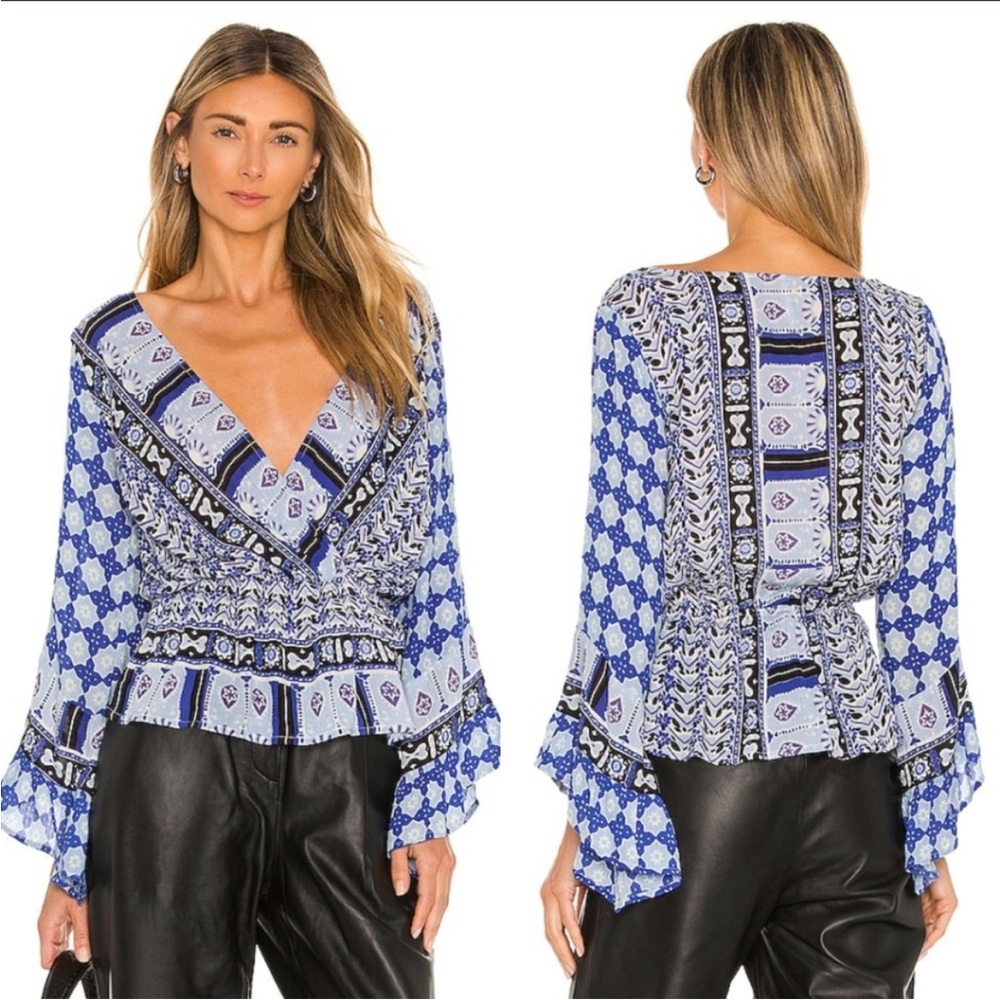 Free People Women’s Large Rosalie Wrap Top in Indigo Combo V-Neck Boho NWT